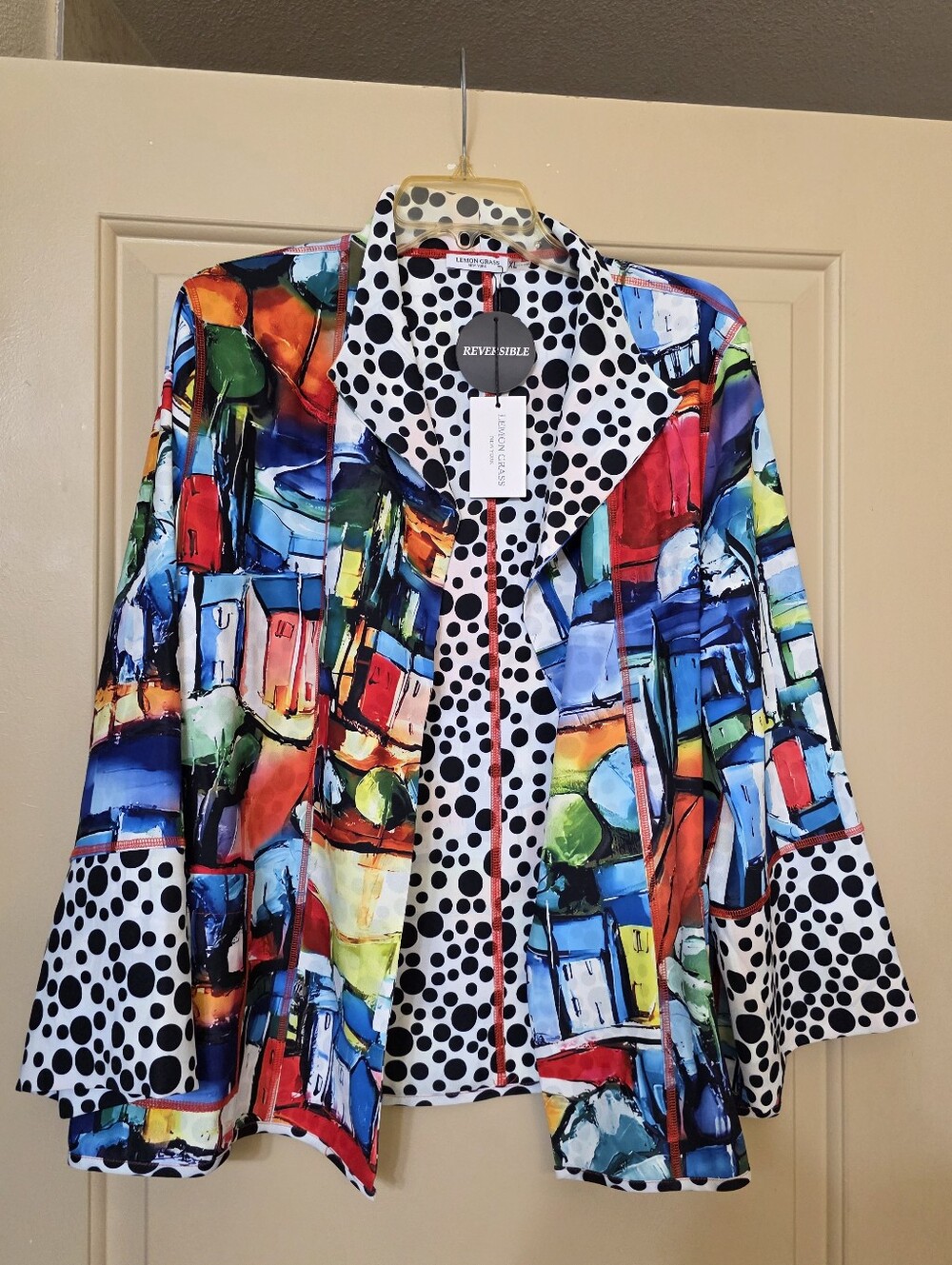 Lemon Grass New York Womens XL Reversible Multicolor Polka Dot Collared Jacket